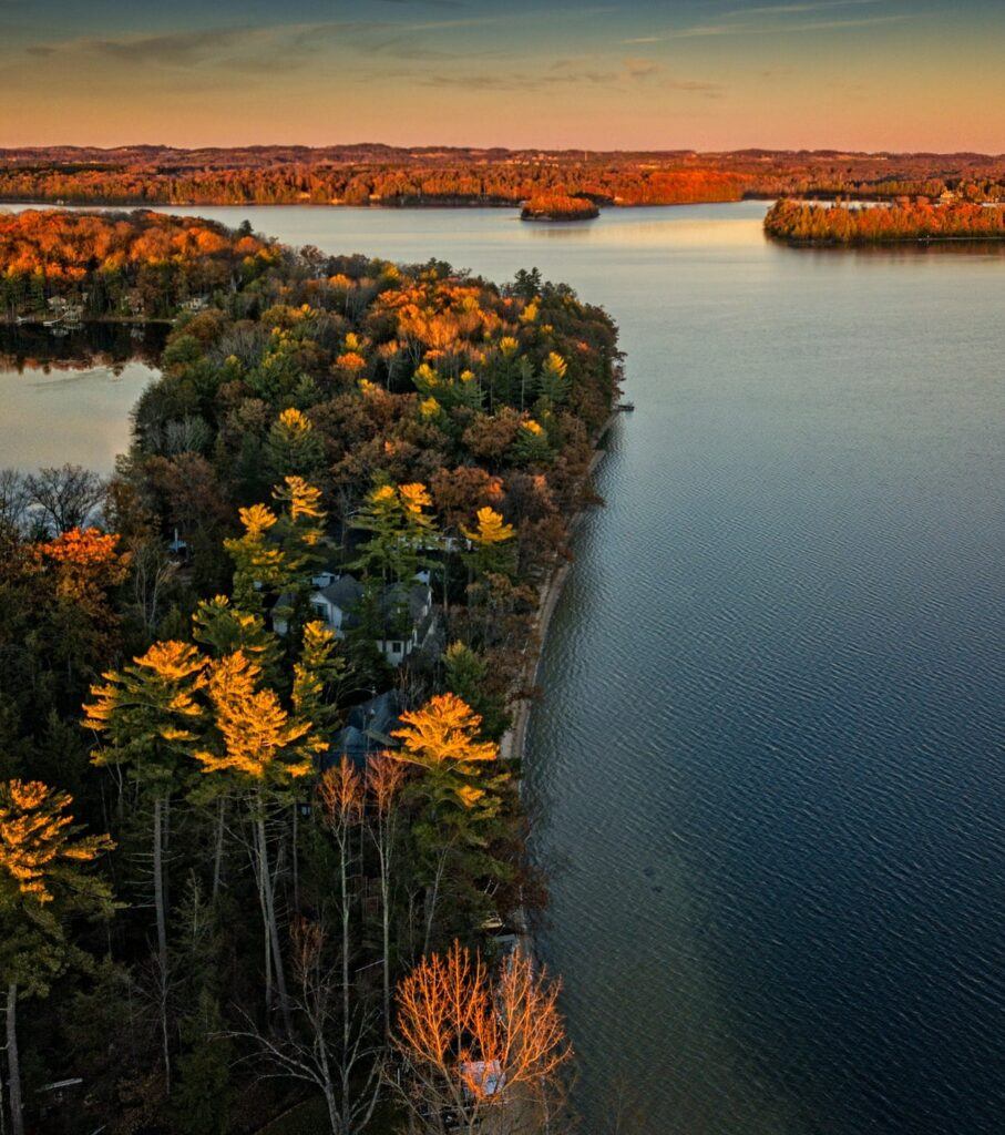 Drone picture of a lake in Traverse City in Michigan.